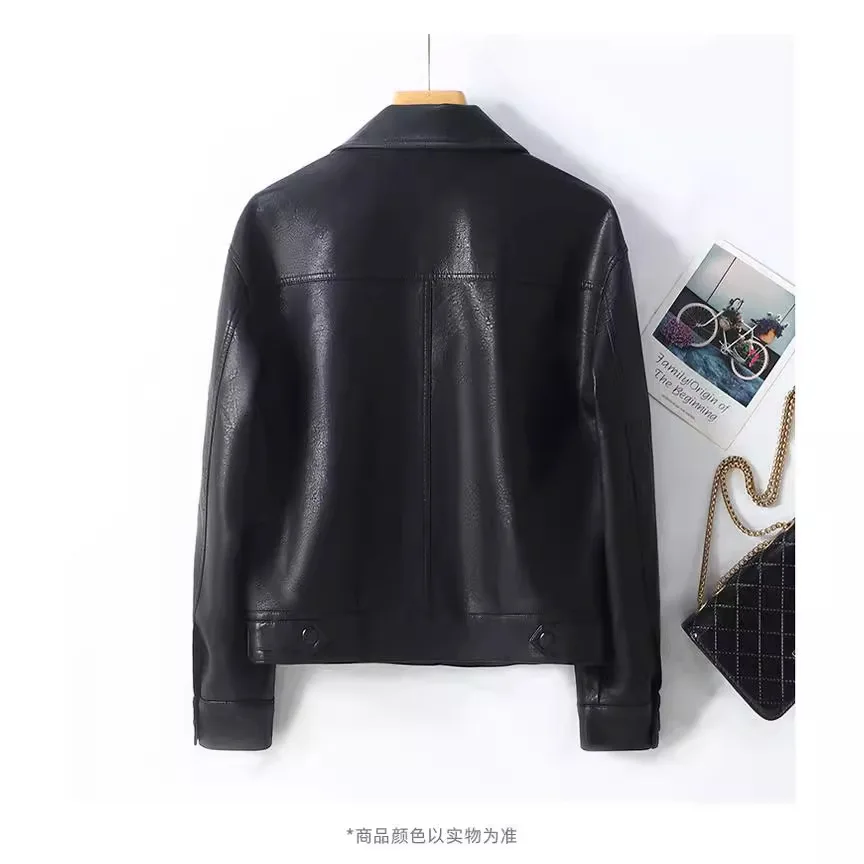 المرأة فو بولي معطف معطف جلد الصلبة سترة قصيرة جيب رفض طوق كم طويل واحدة الصدر ضئيلة عادية 2025 ربيع الخريف #5