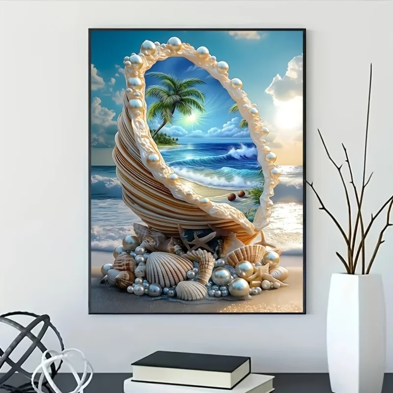 5D Diamond Painting Set, Shell Pearl Edge, Embedded Blue Sea Coconut Island Sea View, Round Diamond