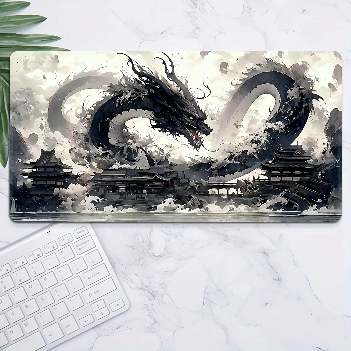 Black Ink Dragon Gaming Mouse Pad Extra Large Non-Slip Rubber Base Stitched Edges for Office Home Decor