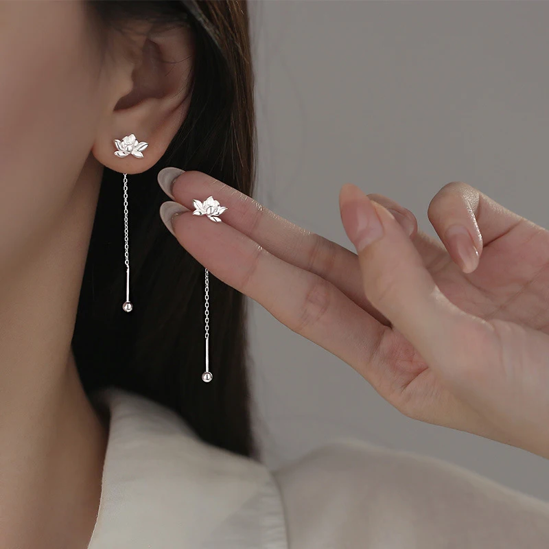 925 Silver Needle Lotus Chain Tassel Plant Stud Earrings For Women Classic Party Fine Jewelry Small Niche Luxury Accessories