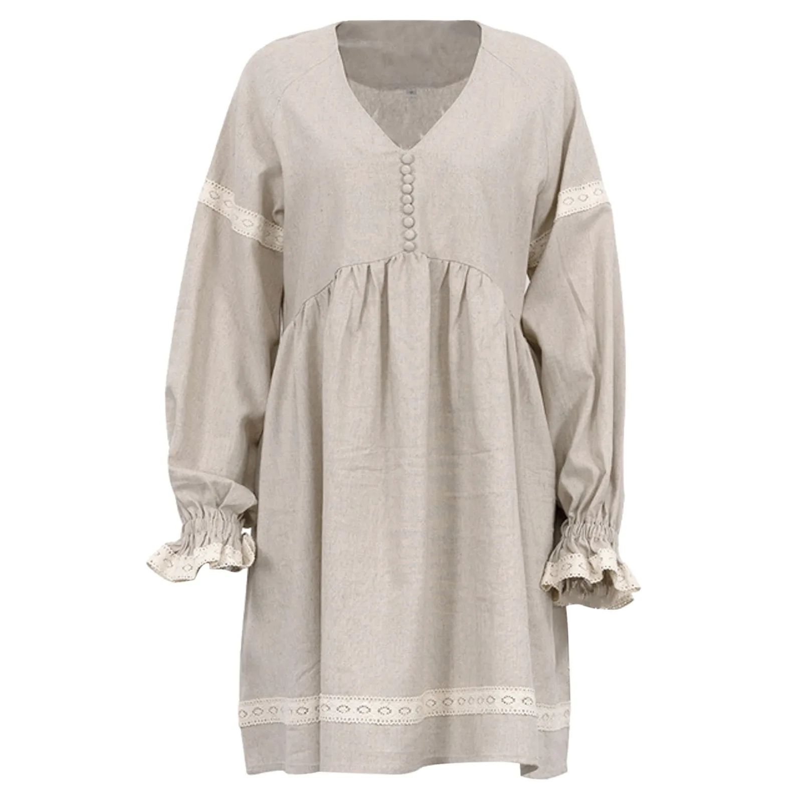 Summer Cotton Linen French Style Dress Commuter Fashion Patchwork Lace Casual Loose Dress Women Sexy V Neck Lantern Sleeve Dress