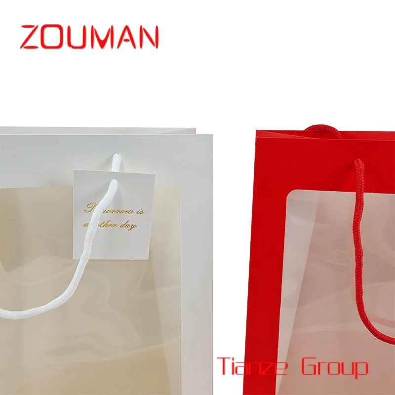 Sac fourre-tout avec fenêtre transparente, sac à provisions en papier rose, logo personnalisé imprimé, emballage cadeau de luxe, marque de créateur, prix bon marché