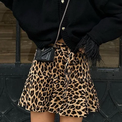 

leopard print polyester A pendulum lace-up commuter trouser skirt European American spring fashion cross-border wholesale casua