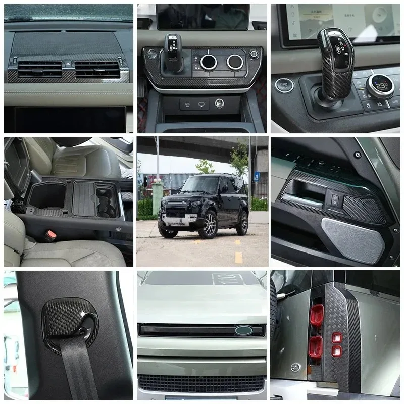 

Для Land Rover Defender 90 110 130 2020-25: Накладка на центральную консоль и воздуховоды из настоящего карбона, аксессуары для интерьера автомобиля