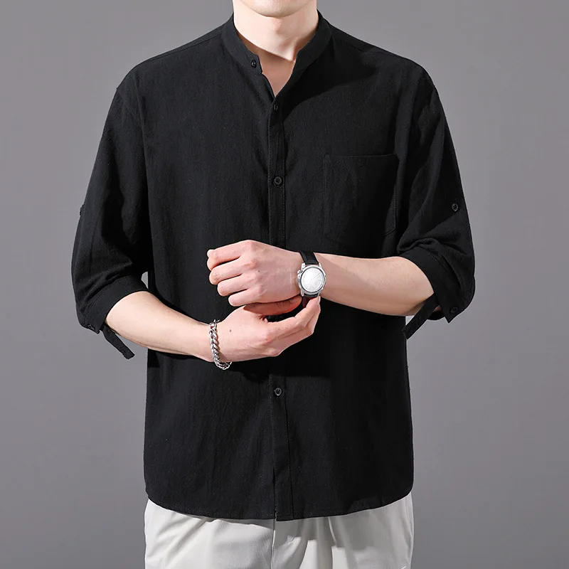

Men's Summer Linen Casual irt Loose Fit Stand Sle Button up Breathable Comfortable Seven Sve Length Youth Trend