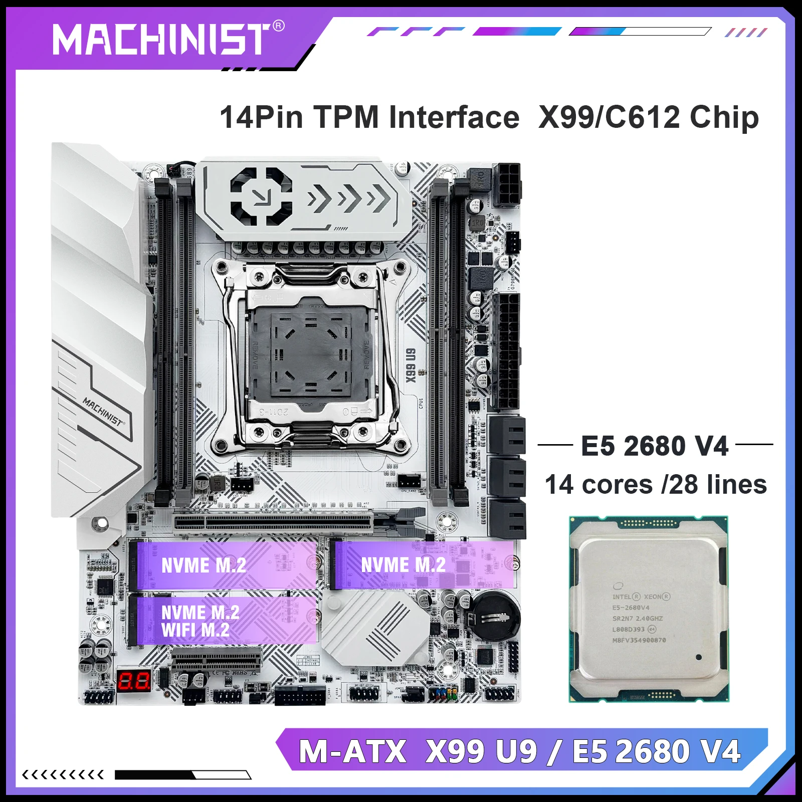 

Новый комплект материнской платы MACHINIST X99 U9 (опционально LGA2011-3 Xeon E5 2680 V4, поддержка процессора TPM2.0 DDR4, память M.2 NVME *3 чип c612