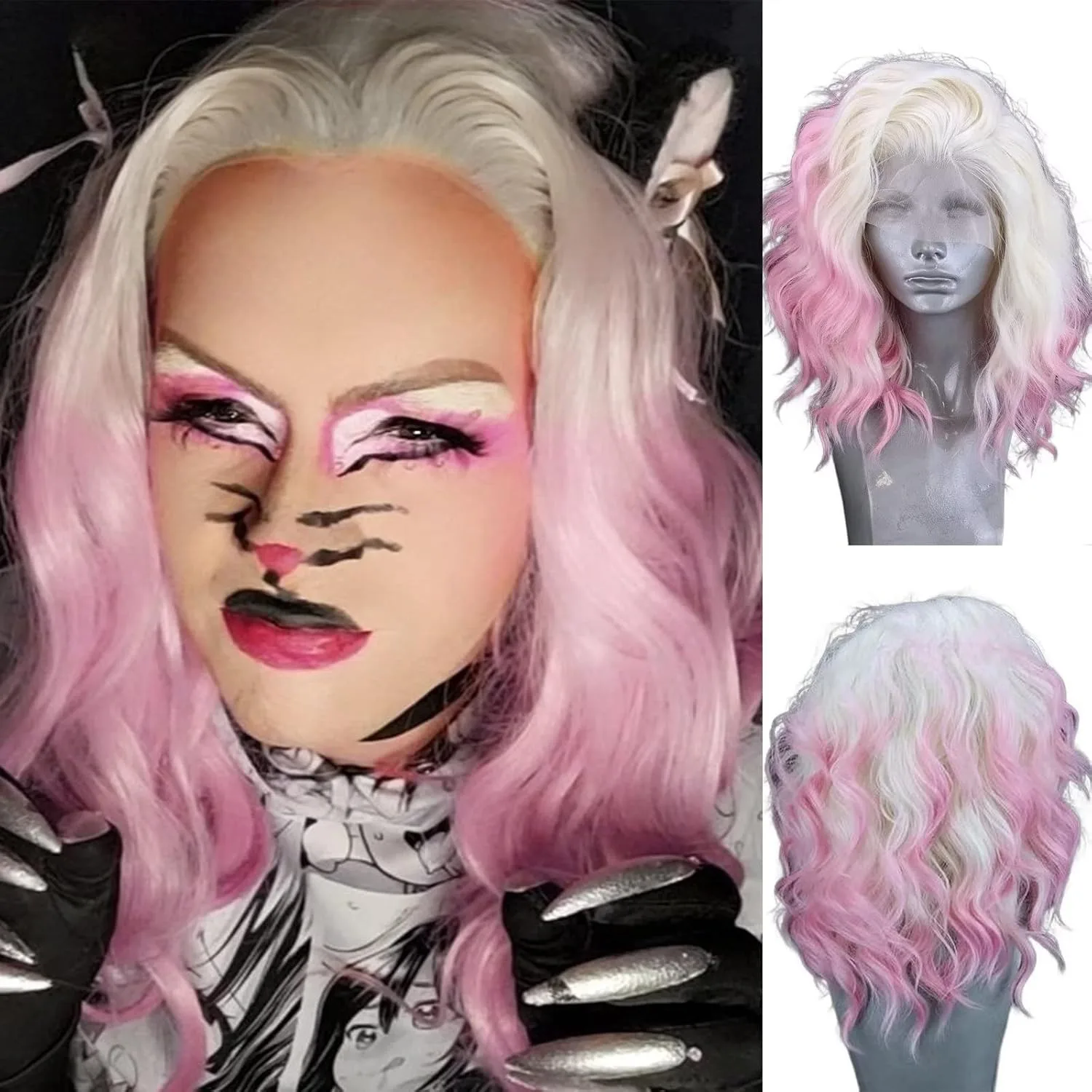 Ombre Pink Wig Short Wavy Bob Hair 13X4 HD Synthetic for Women Short Body Wave Lace Front Wig Glueless Heat Resistant Cosplay