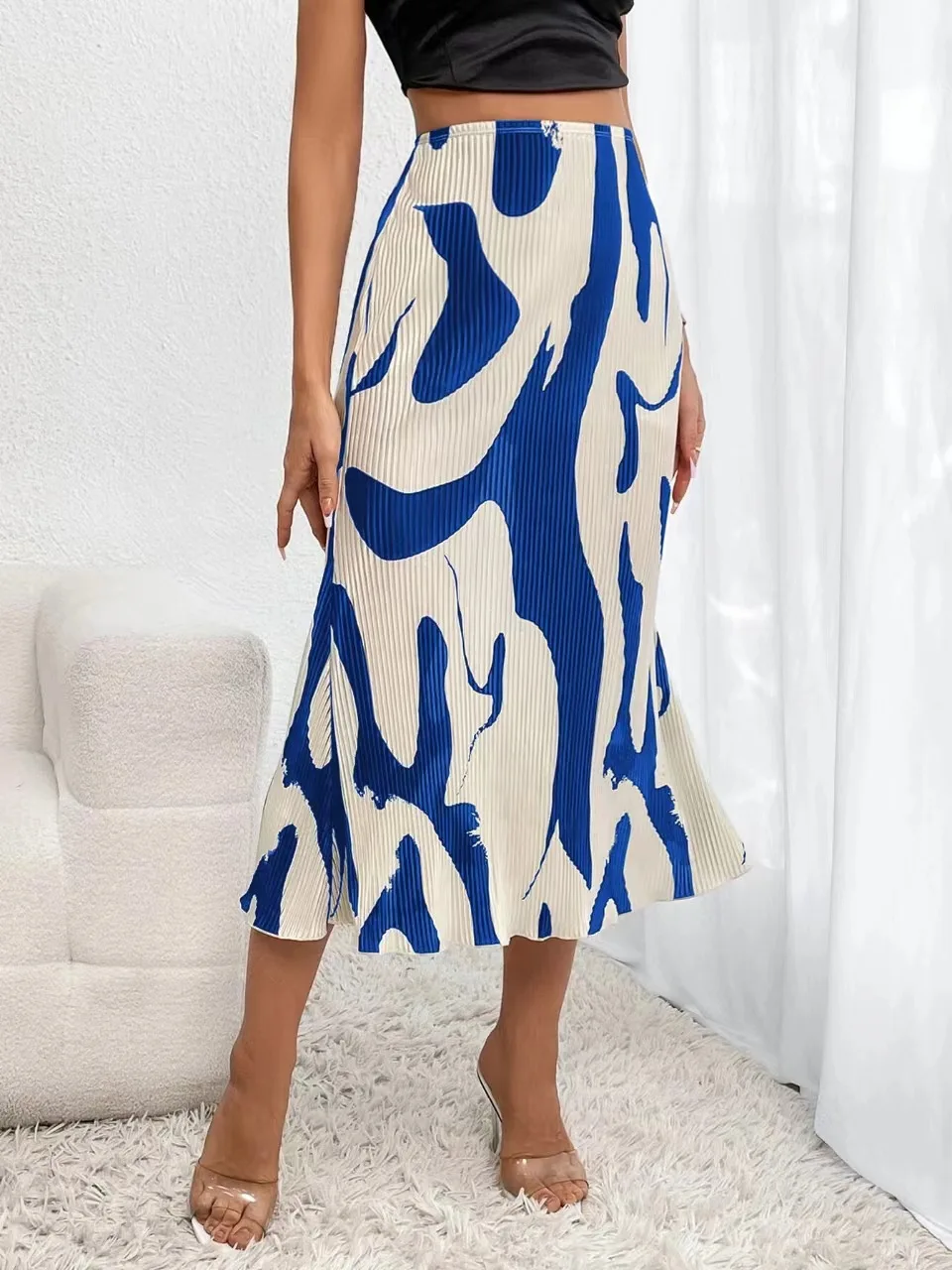 

Dressy Casual Graphic Print Pleated Long Skirts Women Autumn Fashion Elastic High Waist Geometry Midi Skirt Streetwear