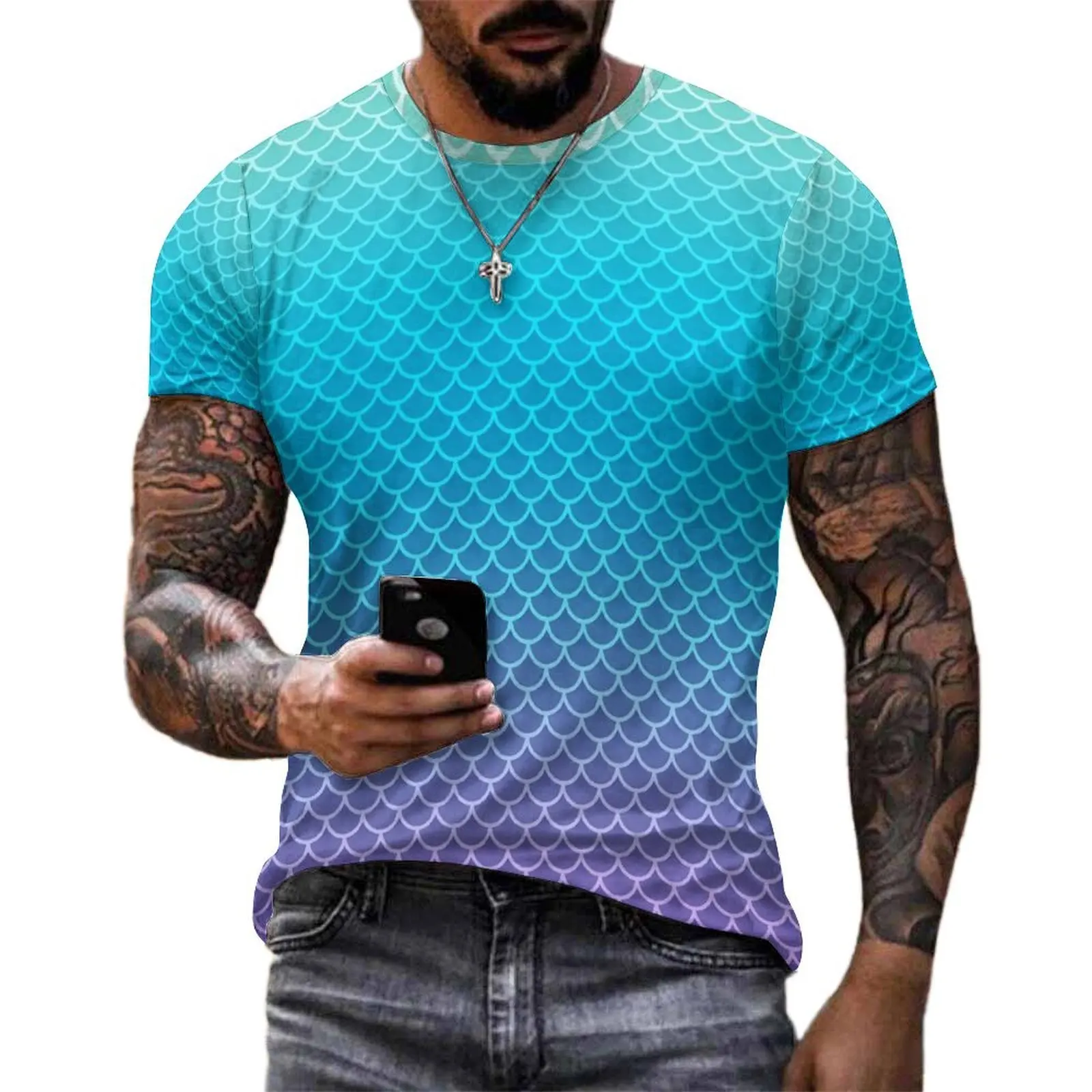 Ombre Mermaids T Shirt For Male Fish Scales Printed O Neck T Shirts Summer Popular Tops Short Sleeve Awesome Oversized Tee Shirt