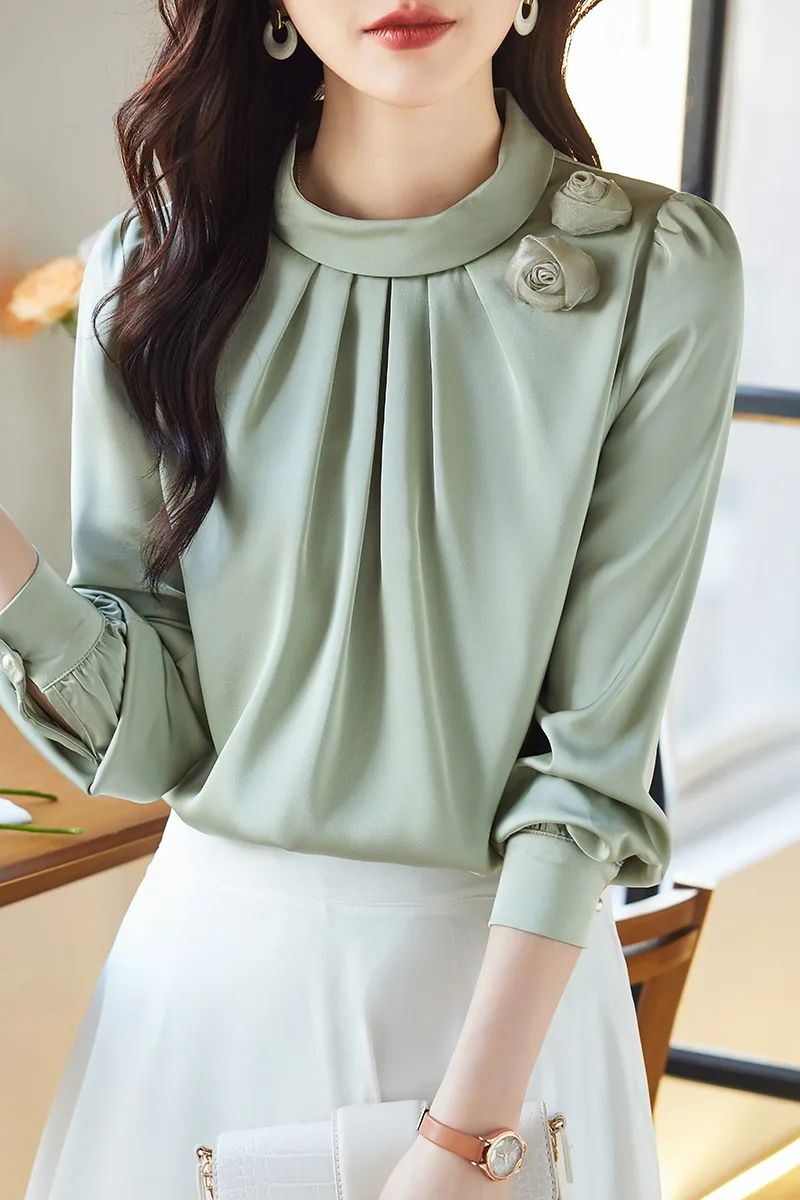 Chemisiers Vintage pour femmes, couleur unie, chemises décontractées, mode ample, vêtements coréens d'été, manches longues, col rond, hauts en mousseline de soie pour femmes