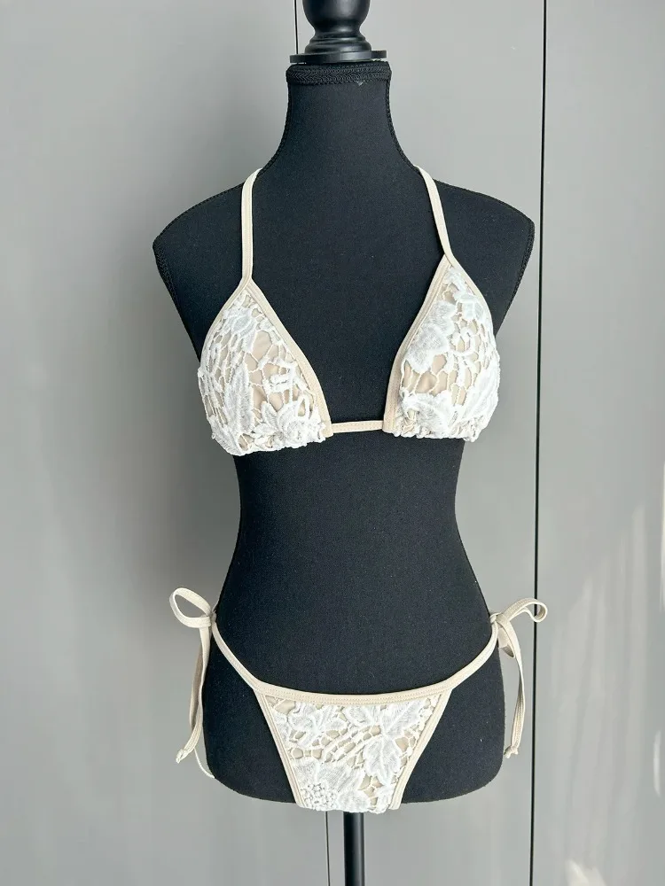 Seksowna Damska Odzież Kąpielowa 2025 Nowy Biały Koronkowy Push Up Bikini Zestaw 3-częściowy Spódniczka z Siateczki Letni Strój Kąpielowy Narzutka Biquini Plaża