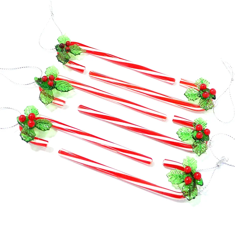 6pcs Handmade Murano Glass Candy Cane Ornaments Creative Christmas Crutch Charms Pendant Xmas Tree Hanging Decor New Year Gifts