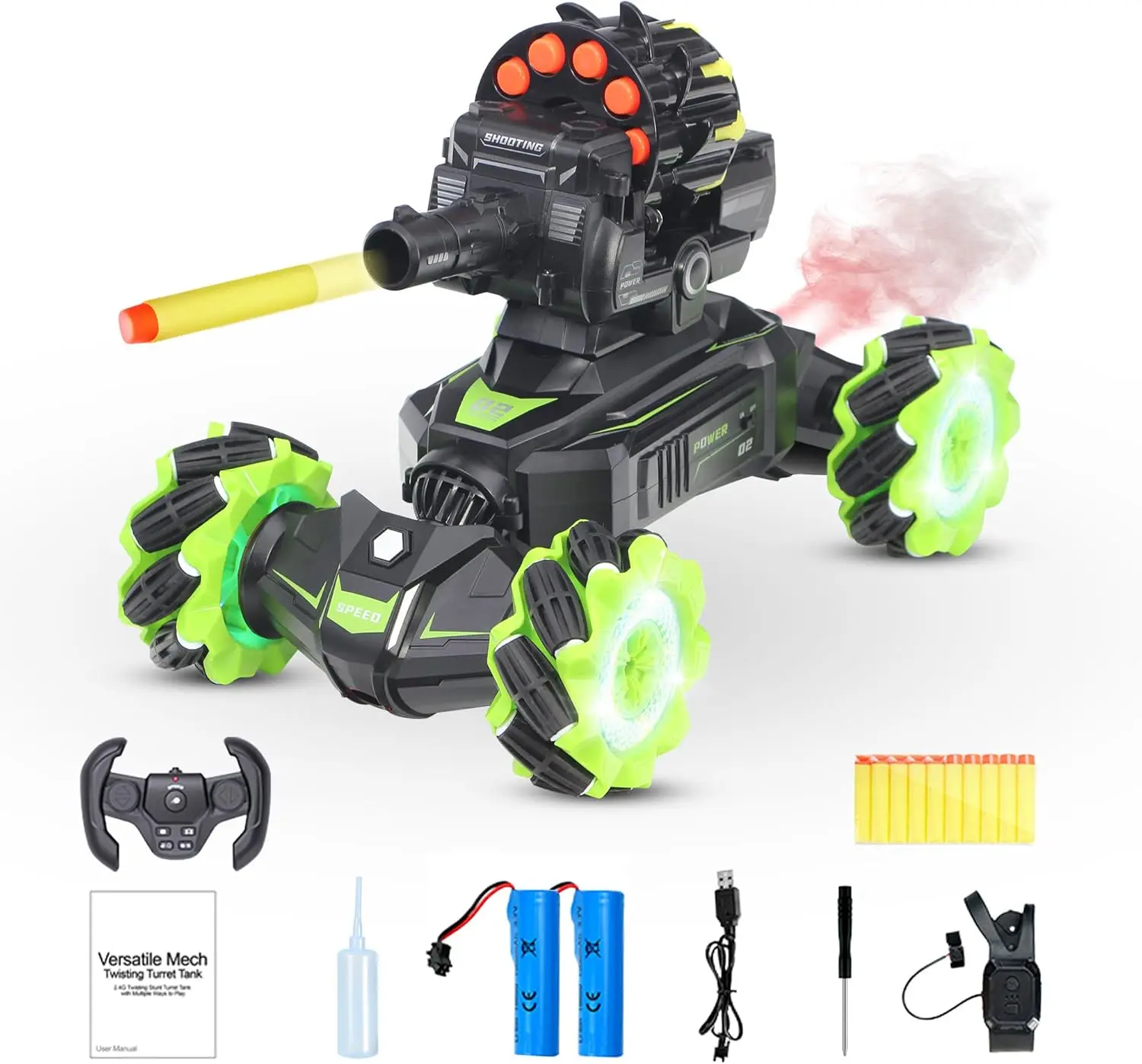 RC Car Shooting Soft Bullets, Remote Control Hand Gesture Stunt Drift Truck, 360° Rotating Battle Tank with Soft Bullets, Water Bomb, Spray, Music, LED Lights, Toy Gift (Green)