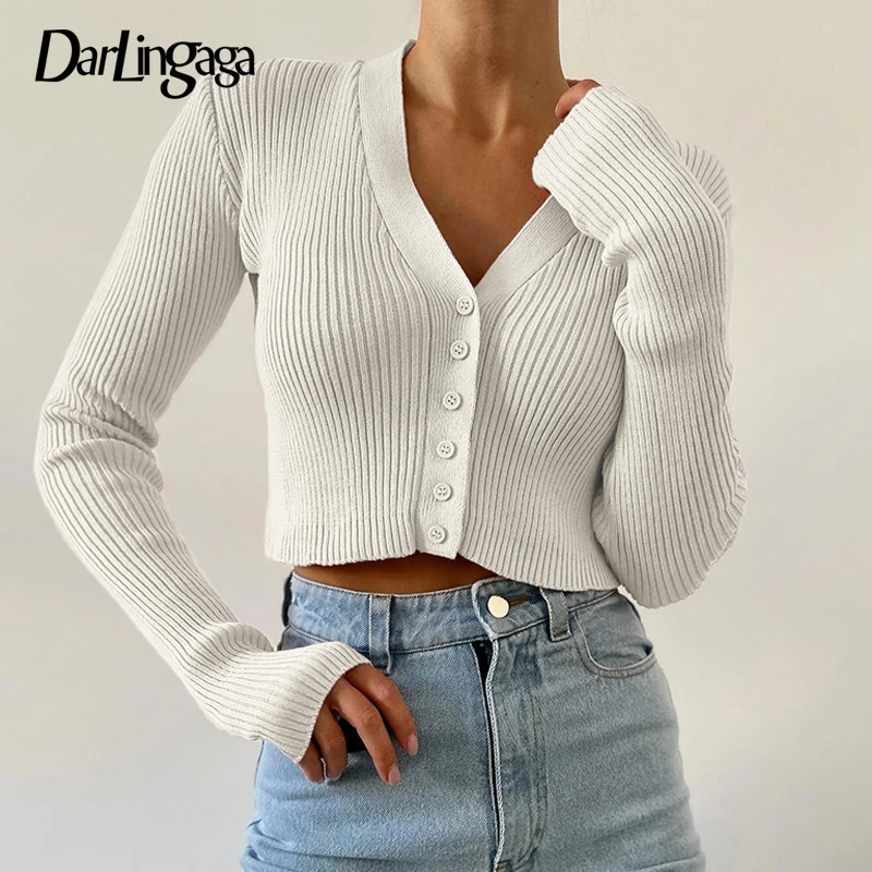 

Darlingaga Early Autumn V-Neck Solid Basic Thic Sweaters Women's Long Sleeve With Single Breasted Knitted Tops All Match Clothes