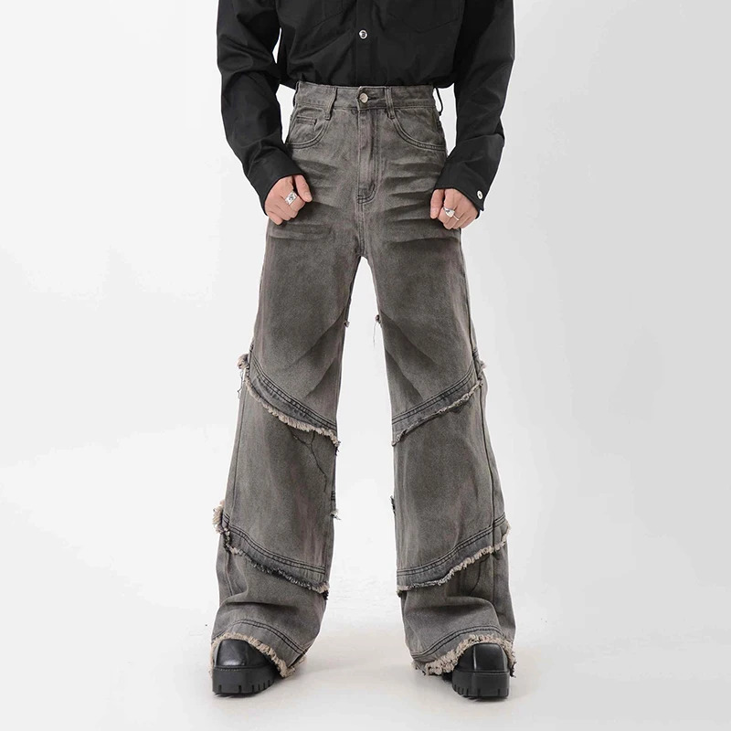 PFNW Niche Design Raw Edge Destruction Grey Washed Jeans Men Dirty Dye Split Flared Denim Pants Spring 2025 New Trousers 12C2114