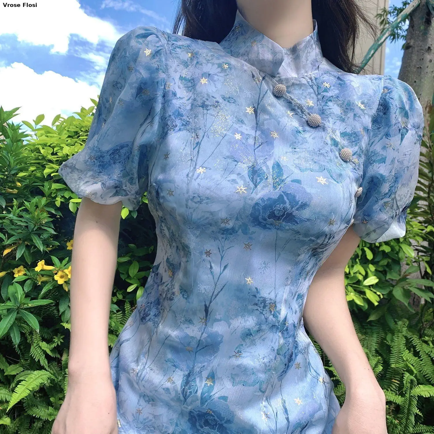 2024-summer-french-short-sleeve-modern-chinese-dress-improvement-cheongsam-girl's-blue-print-fashion-dresses-qipao-cheongsam