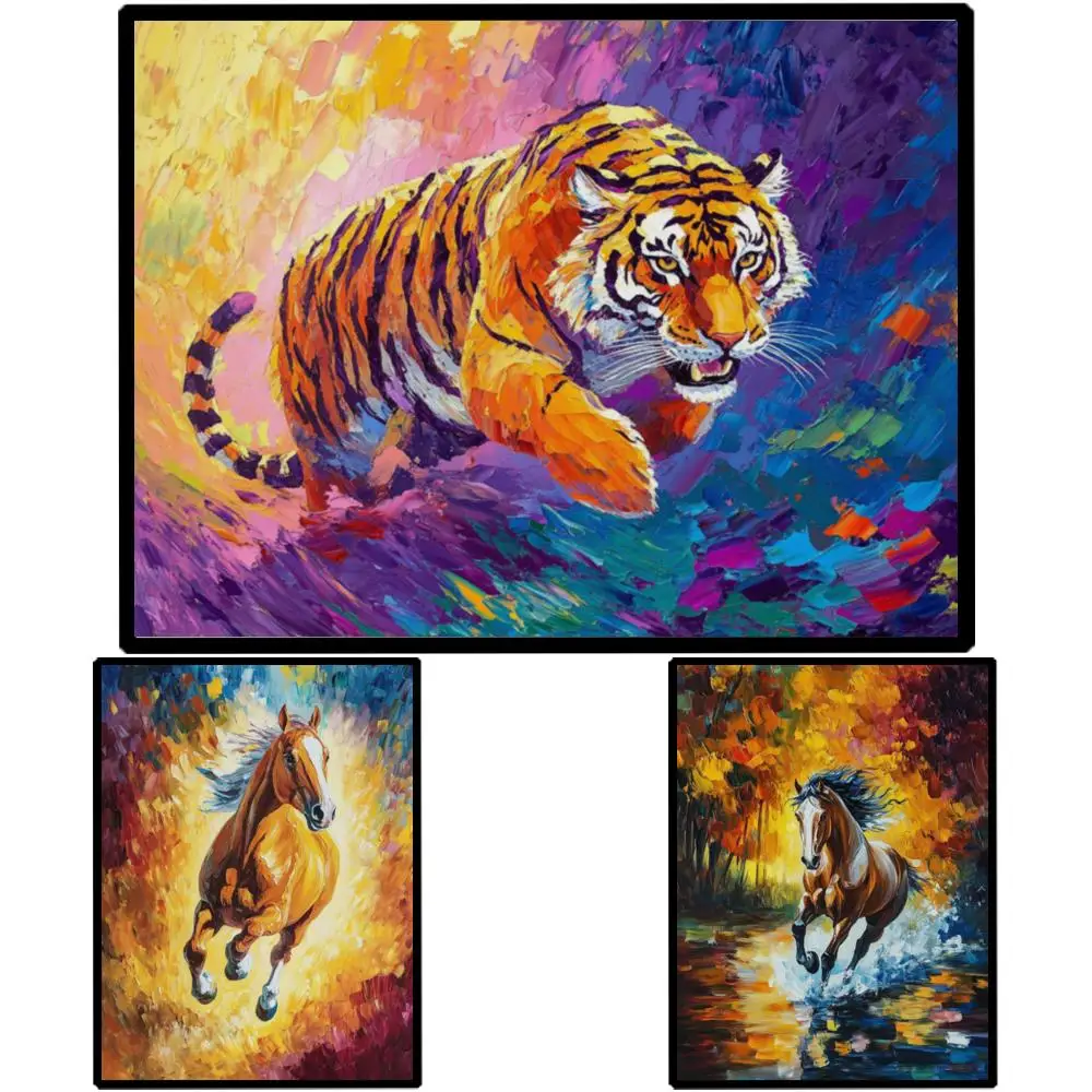 Abstraktes Tigerpferd, HD-Druck, Leinwandkunst, goldenes Dschungeltiergemälde, große moderne Wanddekoration für Wohnzimmer, Arbeitszimmer, bunt