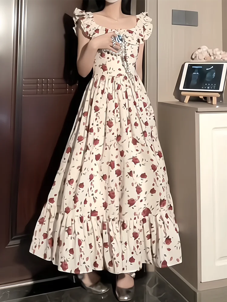 

Женское летнее платье макси с цветочным принтом, 2024, с эффектом утяжки талии, коротким рукавом, в корейском стиле, для повседневной носки, модное длинное платье