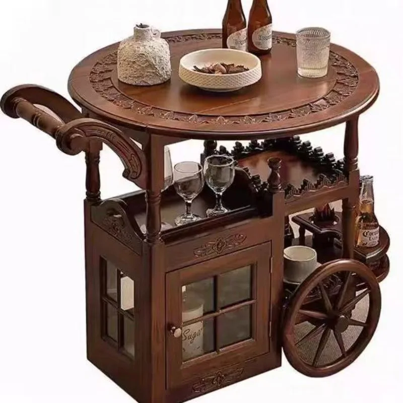 American solid wood dining car hand push, household antique mobile double-layer living room storage coffee table