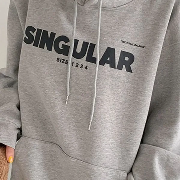 Thickened Fleece Hooded Sweatshirt Women's Grey Loose Fit Trendy Lazy Style Outerwear Polyester Fiber Long Sleeve Printed