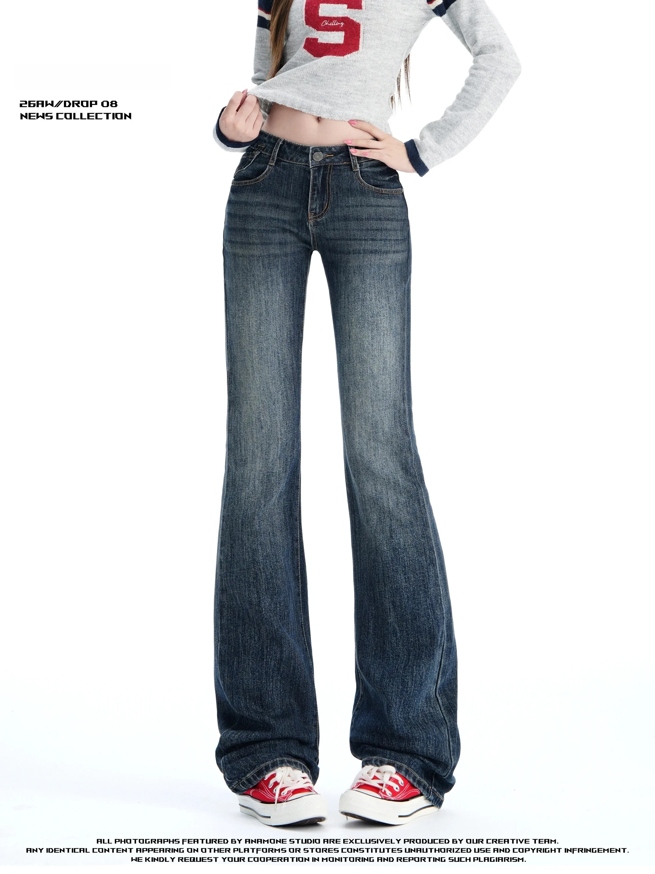 ANAMONE American Retro Low Waist Flared Jeans Women's Slim Fit Casual High Elasticity Blue Denim Pants for Young Ladies