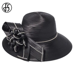 FS Elegant Black Hat Lady Formal Dress Fedora Church Cocktail Tea Party Derby Caps For Women Bow Flower Wide Brim Cloche Hats