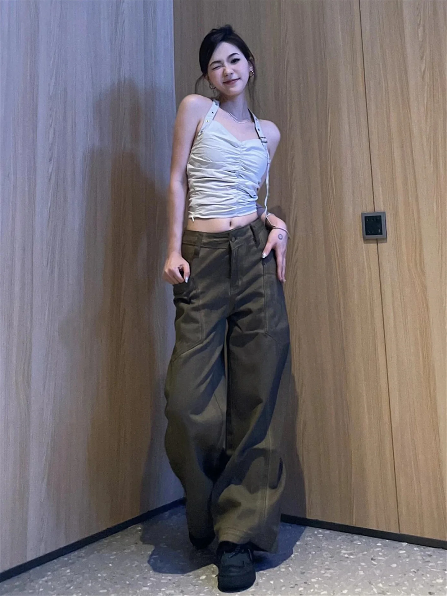 

American Retro Workwear Wide Leg Denim Jeans Women's Loose Drapey Tall Extended Multi Pocket Floor Length Pants