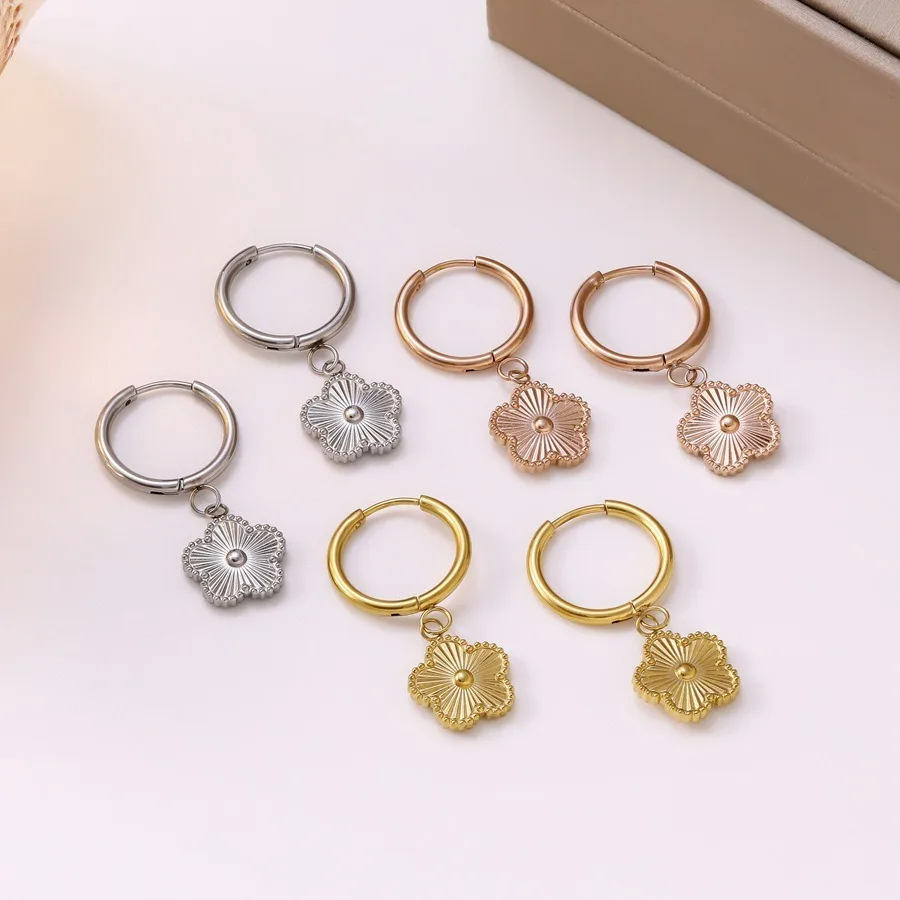 Y2K Laser Stainless Steel Five-Leaf Flower Drop Earrings Classic Style for Women Girls Party Wedding Luxury Clover Jewelry Gift