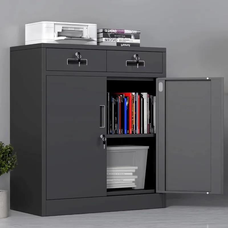 Metal Storage with Locking Doors and 2 Drawers Lockable  Cabinets  Adjustable Shelf for Home Office  Garage