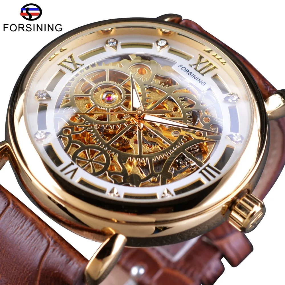 

Fashion Forsining Top Brand Luxury Classic Royal Design Brown Leather Golden Transparent Open Work Men Automatic Skeleton Watch