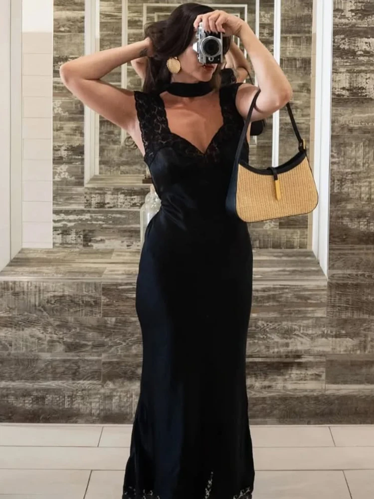 Ticketsx elegante renda retalhos vestido feminino moda nova rendas até magro vestido sem alças vintage luxo sem costas festa vestido de noite