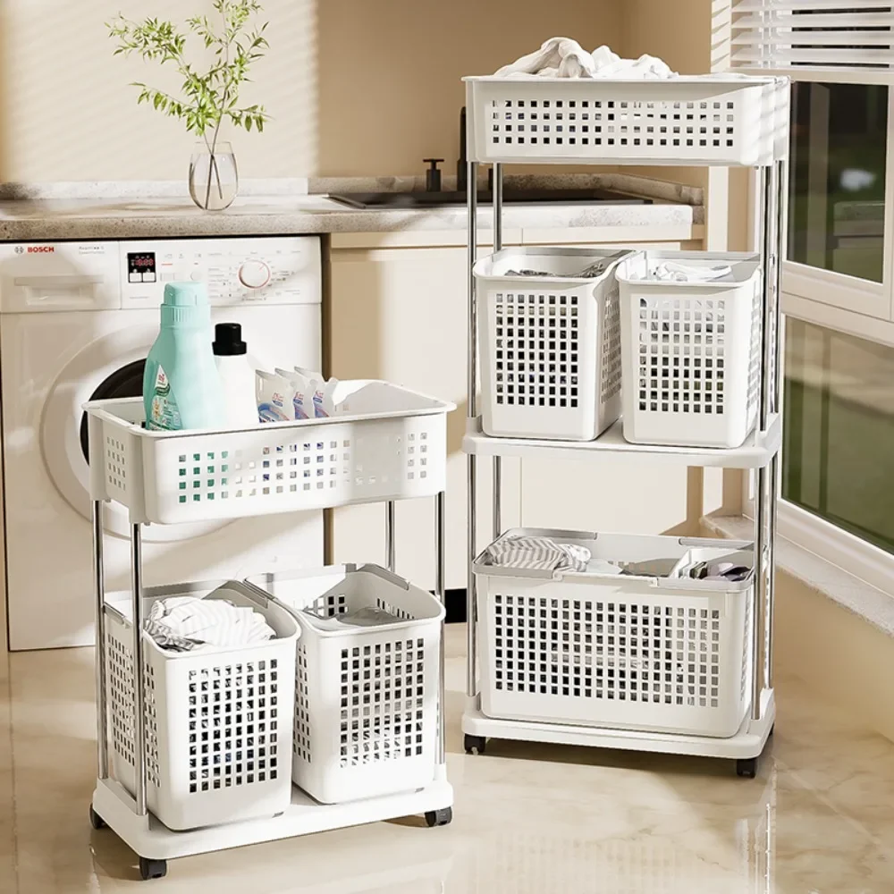 Laundry Basket With Wheels Laundry Storage Trolley Bathroom Multifunctional Storage Trolley Rolling Cart Dirty Clothes Basket