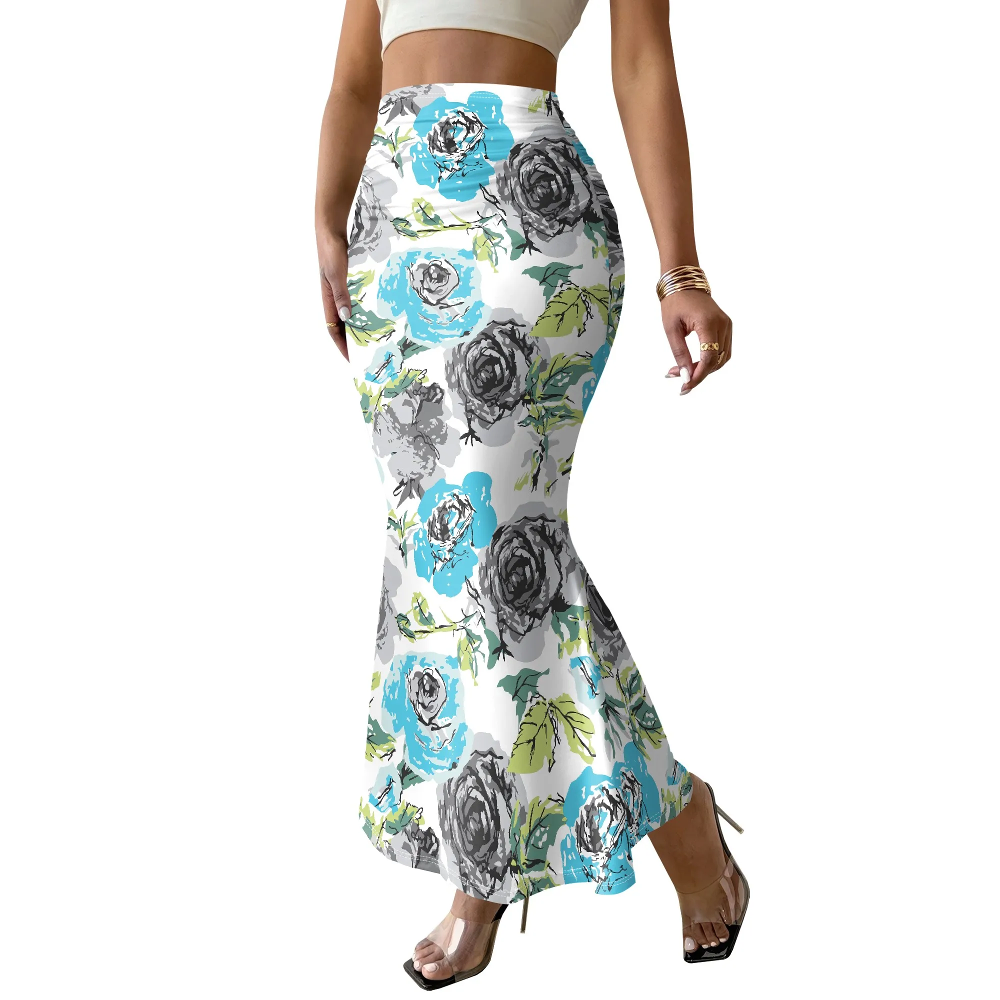 Floral Mermaid Skirt, Blue Rose Print Midi Skirt, Ruffle Hem Long Skirt, Summer Beach Wear, S-2XL