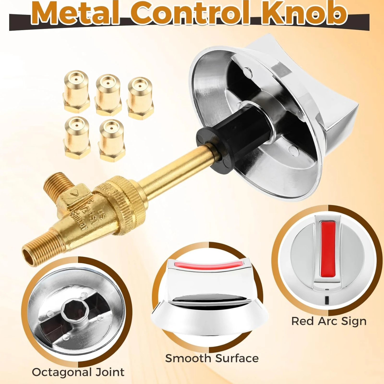 Long Stem Gas Range Stoves Valve with Metal Alloy Knob and Orifice Kit (0.7mm 1.2mm 2.0mm 2.5mm 3.2mm) for Robertshaw 4626-001