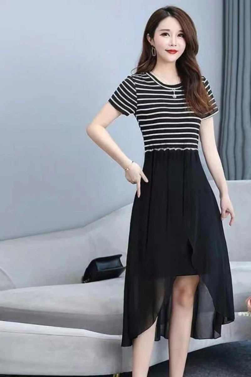 فستان متوسط الطول غير متماثل مخطط للنساء كاجوال فضفاض مناسب مع تصميم بحاشية شفافة ورقبة دائرية