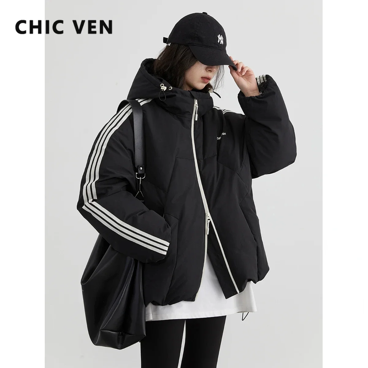 CHIC VEN Women Down Coats Hooded New Loose Sports Contrasting Color Down Jacket Female Overcoat Streetwear Autumn Winter 2024