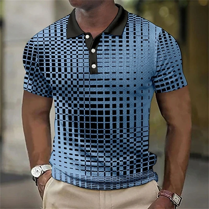 Vintage Waffle Graphicpolo Shirts For Men Clothes Fashion Male Streetwear Casual Plaid Check POLO Shirt Simple Stripes Boy Tops
