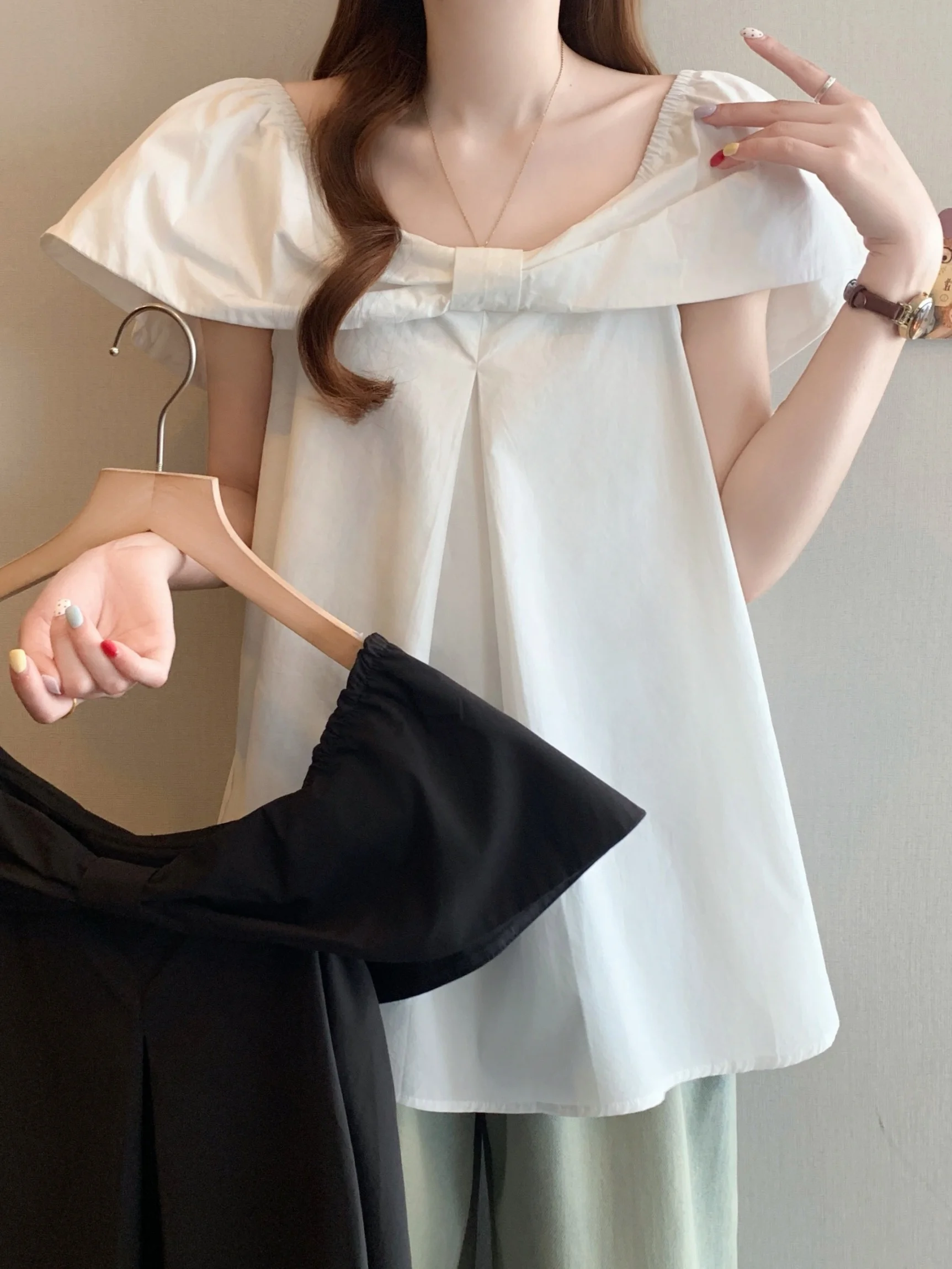 

Женская летняя модная универсальная блузка с коротким рукавом, в горошек, с бантом, с открытыми плечами, для полных женщин