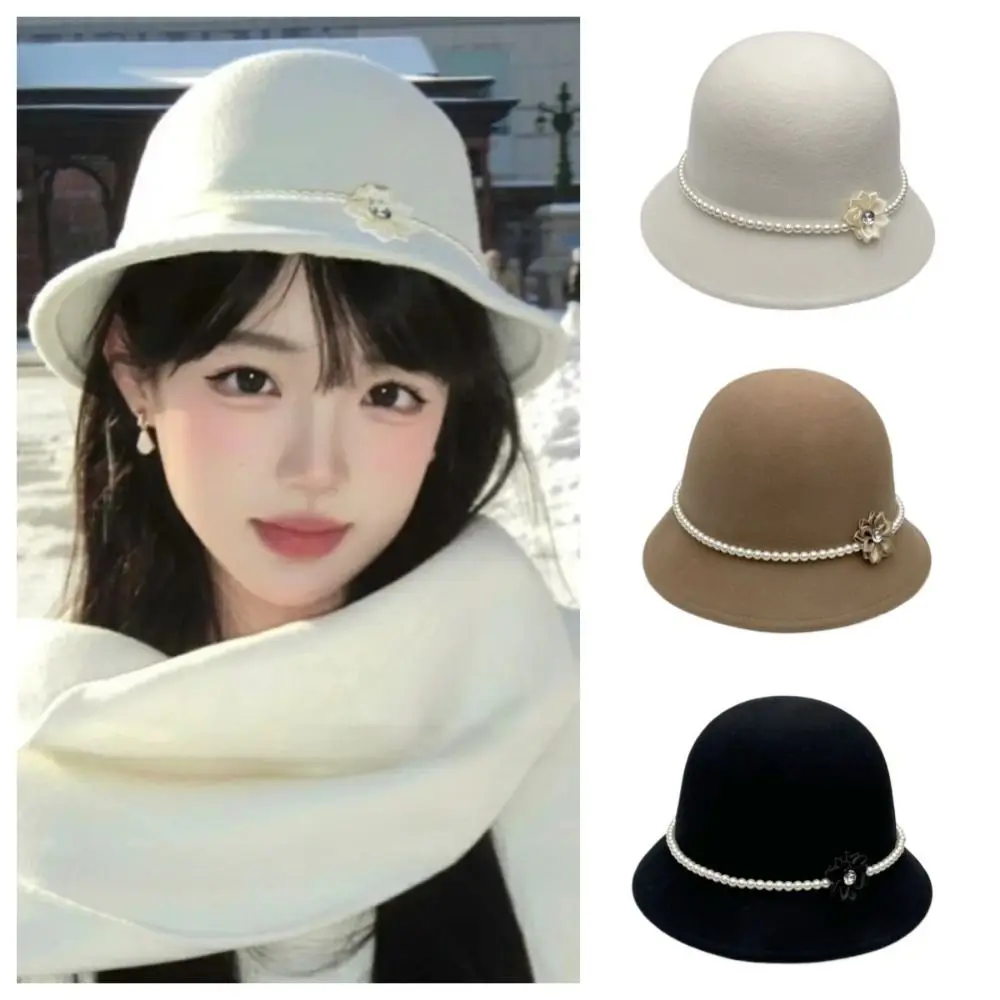 Elegant Pearl Flower Topper Hat Solid Color French Style Fisherman Hat Hepburn Warm Woolen Bucket Hat Lady