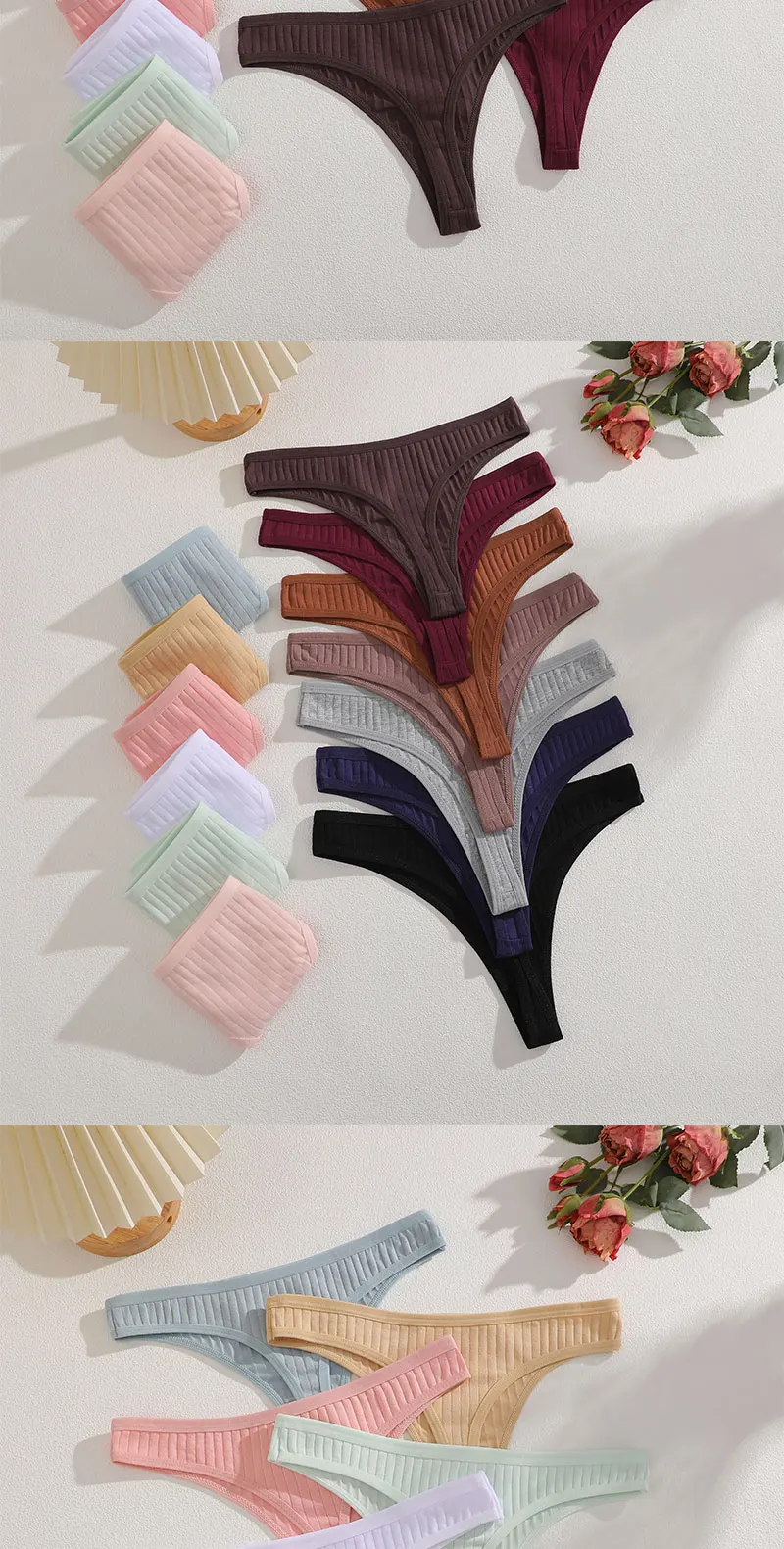 FINETOO 6er-Set Damen gerippte Baumwoll-Tangas, niedrige Taille, atmungsaktive G-String-Unterwäsche, sexy T-Back-Dessous für Frauen – Detail 8