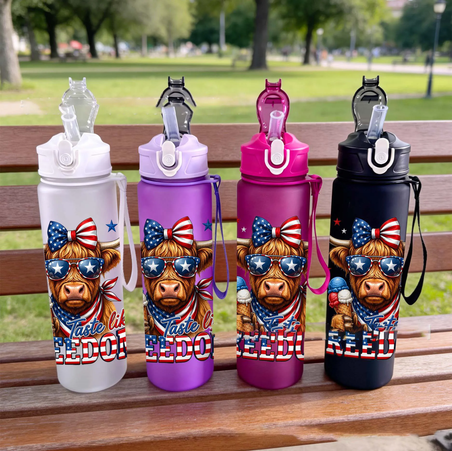 Cute animal pattern plastic straw water cup portable student outdoor sports water cup 750ml