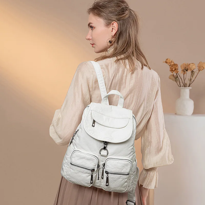 MJ Women Backpack Casual Large PU Leather Travel Bag Female School Backpacks Fashion Soft Leather Backpack for Women