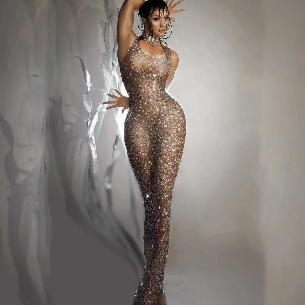 Silver Rhinestones Brown Transparent Mesh Dress Birthday Celebrate Evening Stretch Costume Sexy Stage Dance Performance Dress