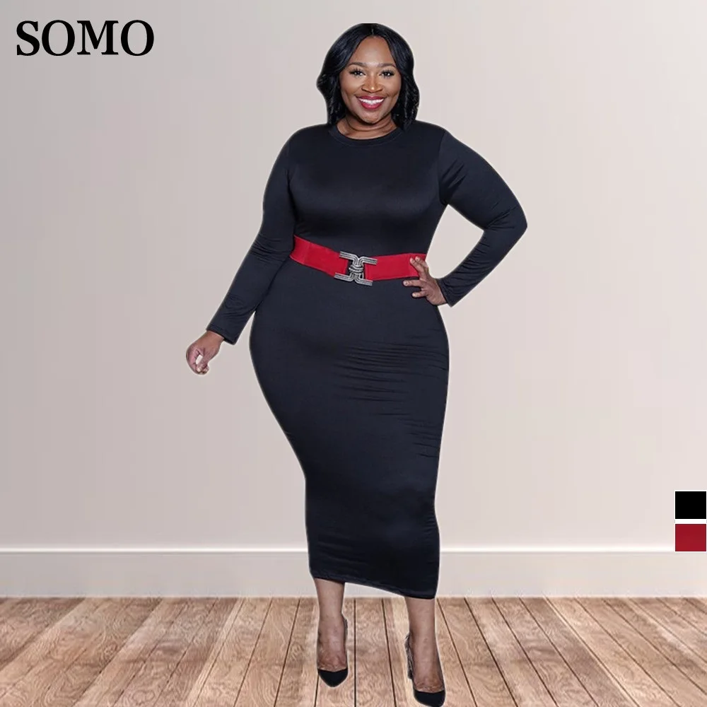 SOMO – robe longue à manches longues pour femme, vêtement décontracté, couleur unie, slim, portefeuille, Sexy, grande taille, vente en gros, livraison directe, hiver