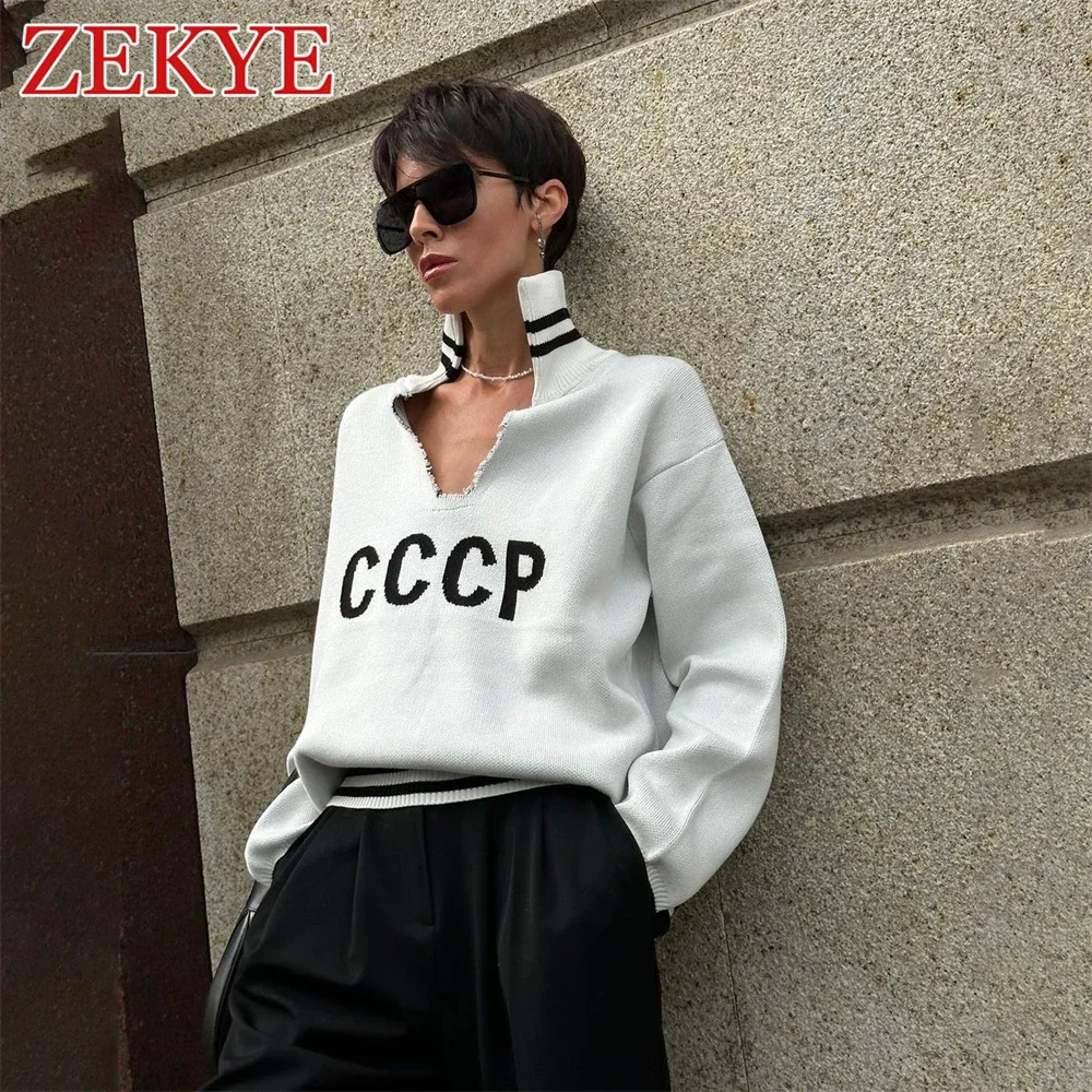 Zekye Letter Graphic Crochet Knitted Sweater Women England Style Cut Out Preppy Chic Striped Casual Pullover Long Sleeve Tops