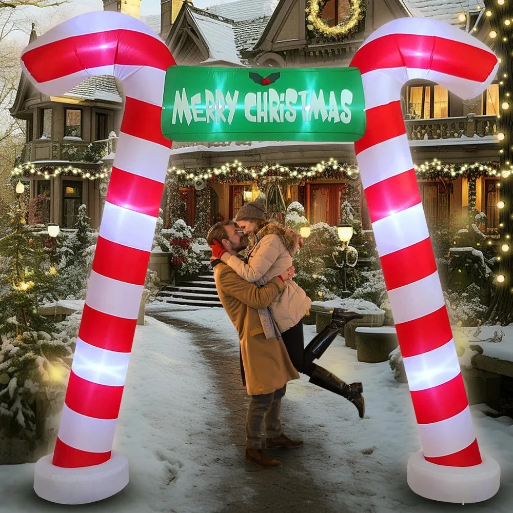 Inflatable Blow Up Candy Cane Archway, Christmas Decorations, Built-in LED Lights, Outdoor Garden Yard, Giant Arch, 9 FT