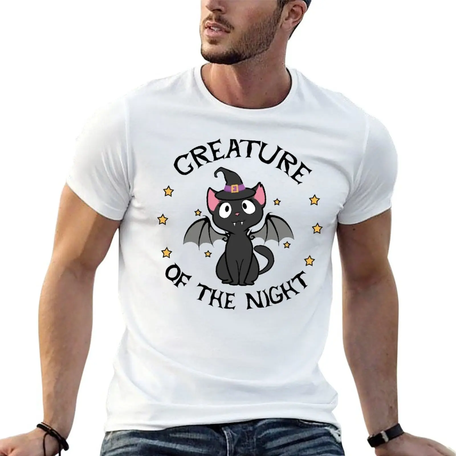 Creature of the Night Black Vampire Cat Bat with Witch Hat and Stars T-Shirt man clothes quick drying black t shirts for men