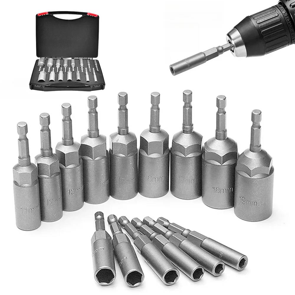 1/5/10/15Pcs 80mm Length Deepen Power Nut Driver Drill Bit Set 5.5-19MM Impact Socket Adapter for Power Tools 6.35MM Hex Shank