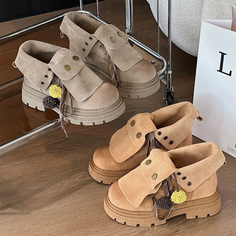 Autumn Faux Suede Ankle Boots Women Retro Thick Bottom Platform Boots for Women Fashion Lace Up Leather Biker Boots Botas Mujer