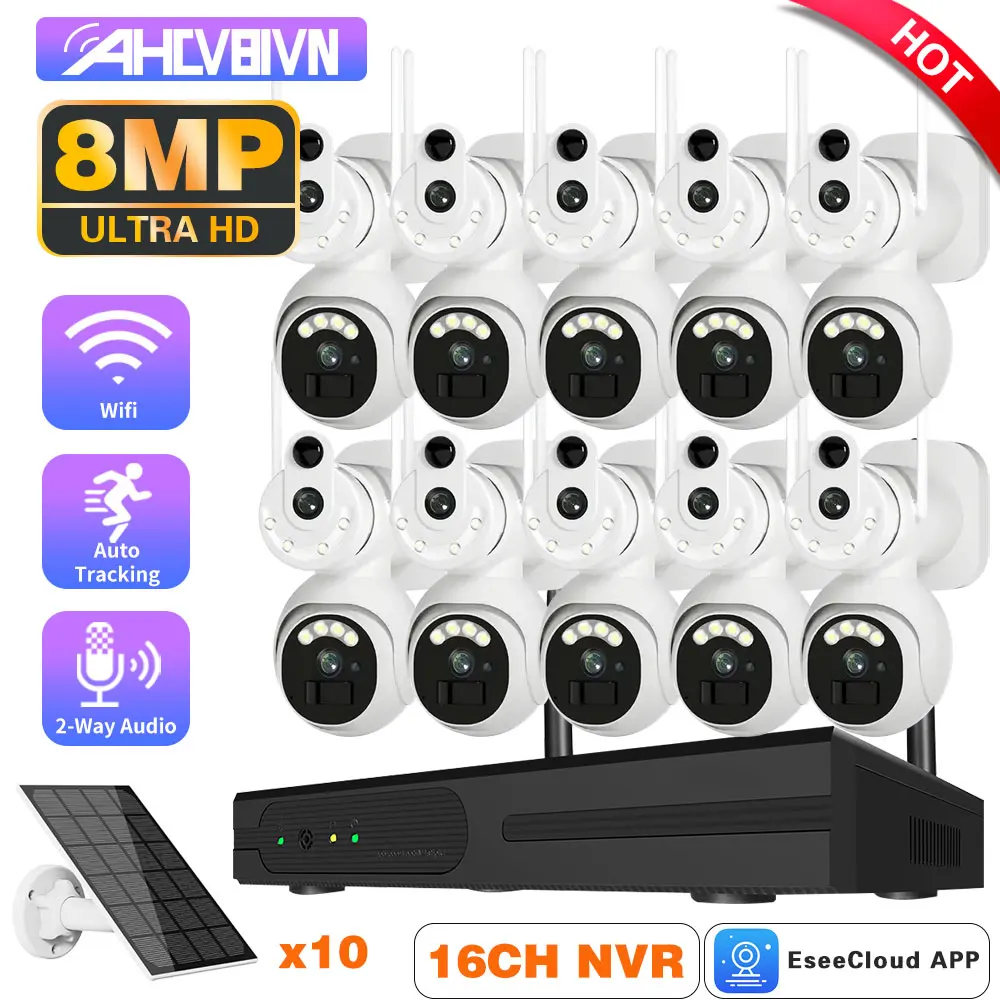 

4K 8MP Wifi Surveillance Dual Lens Solar PTZ Cameras Kit 10CH NVR Security System Wireless Two Way Talk CCTV Set Auto Tracking